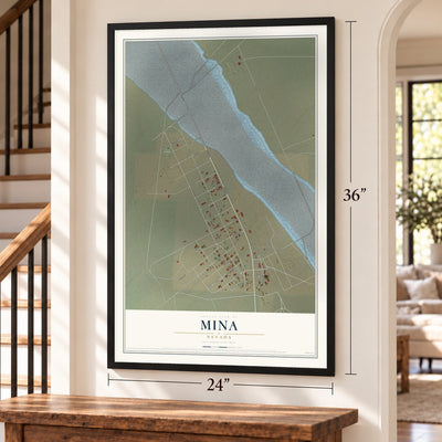 Mina, Nevada map, 24 x 36 inch print in a black frame by a staircase