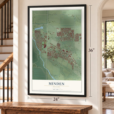 Minden, Nevada map, 24 x 36 inch print in a black frame by a staircase