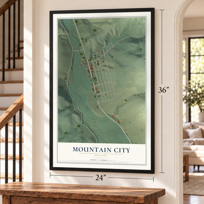 Mountain City, Nevada map, 24 x 36 inch print in a black frame by a staircase