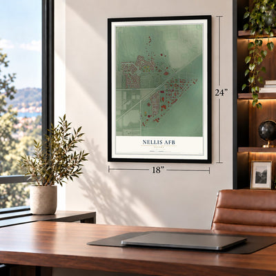 Nellis AFB, Nevada map, 18 x 24 inch print in a black frame in a home office
