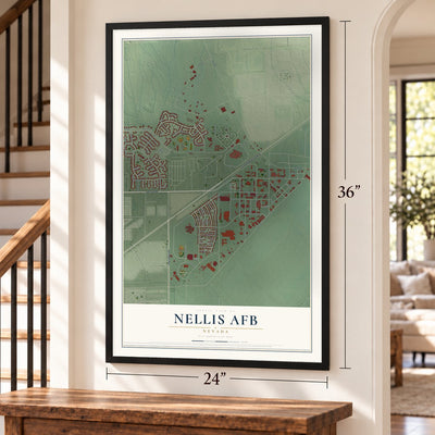 Nellis AFB, Nevada map, 24 x 36 inch print in a black frame by a staircase