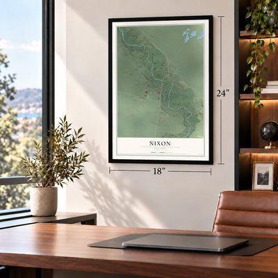 Nixon, Nevada map, 18 x 24 inch print in a black frame in a home office
