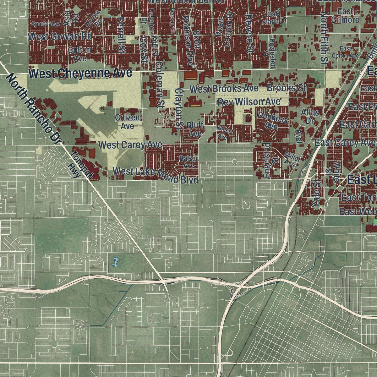 Second close-up of the map of North Las Vegas, Nevada print showing more streets and buildings
