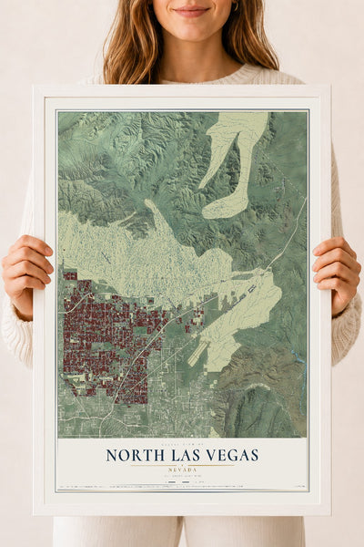 Map of North Las Vegas, Nevada, 18 x 24 inch print in a white wood frame