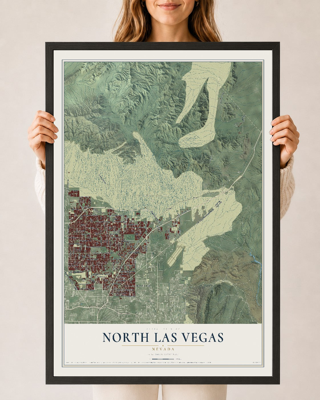 Map of North Las Vegas, Nevada, 24 x 36 inch print in a black wood frame