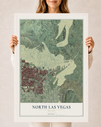 Map of North Las Vegas, Nevada, 24 x 36 inch print in a white wood frame