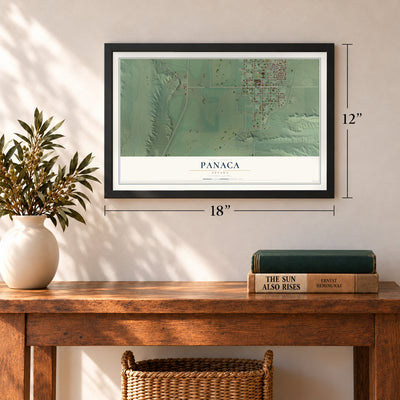 Panaca, Nevada map, 12 x 18 inch print in a black frame in an entryway
