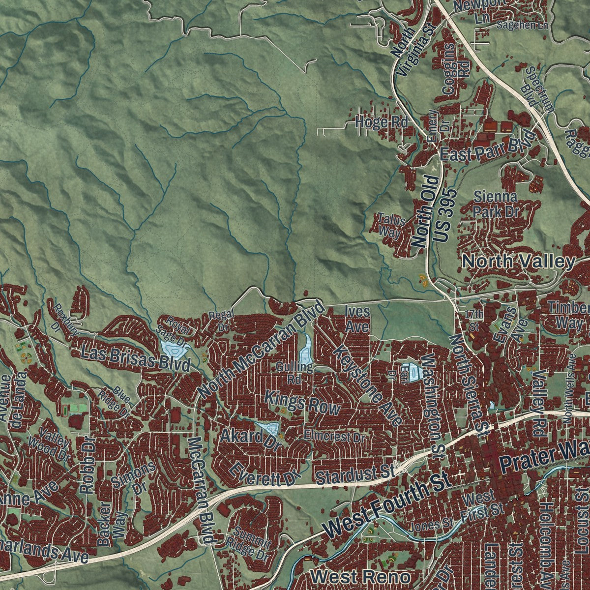 Second close-up of the map of Reno, Nevada print showing more streets and buildings