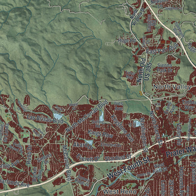 Second close-up of the map of Reno, Nevada print showing more streets and buildings