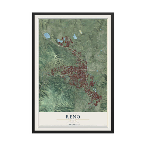 Map of Reno, Nevada, 12 x 18 inch print in a black wood frame
