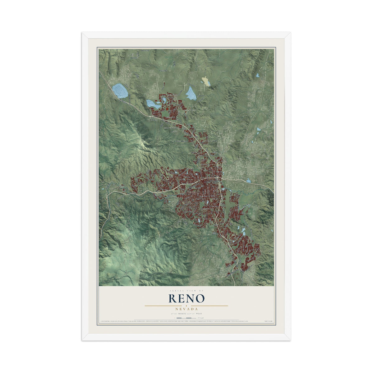 Map of Reno, Nevada, 12 x 18 inch print in a white wood frame