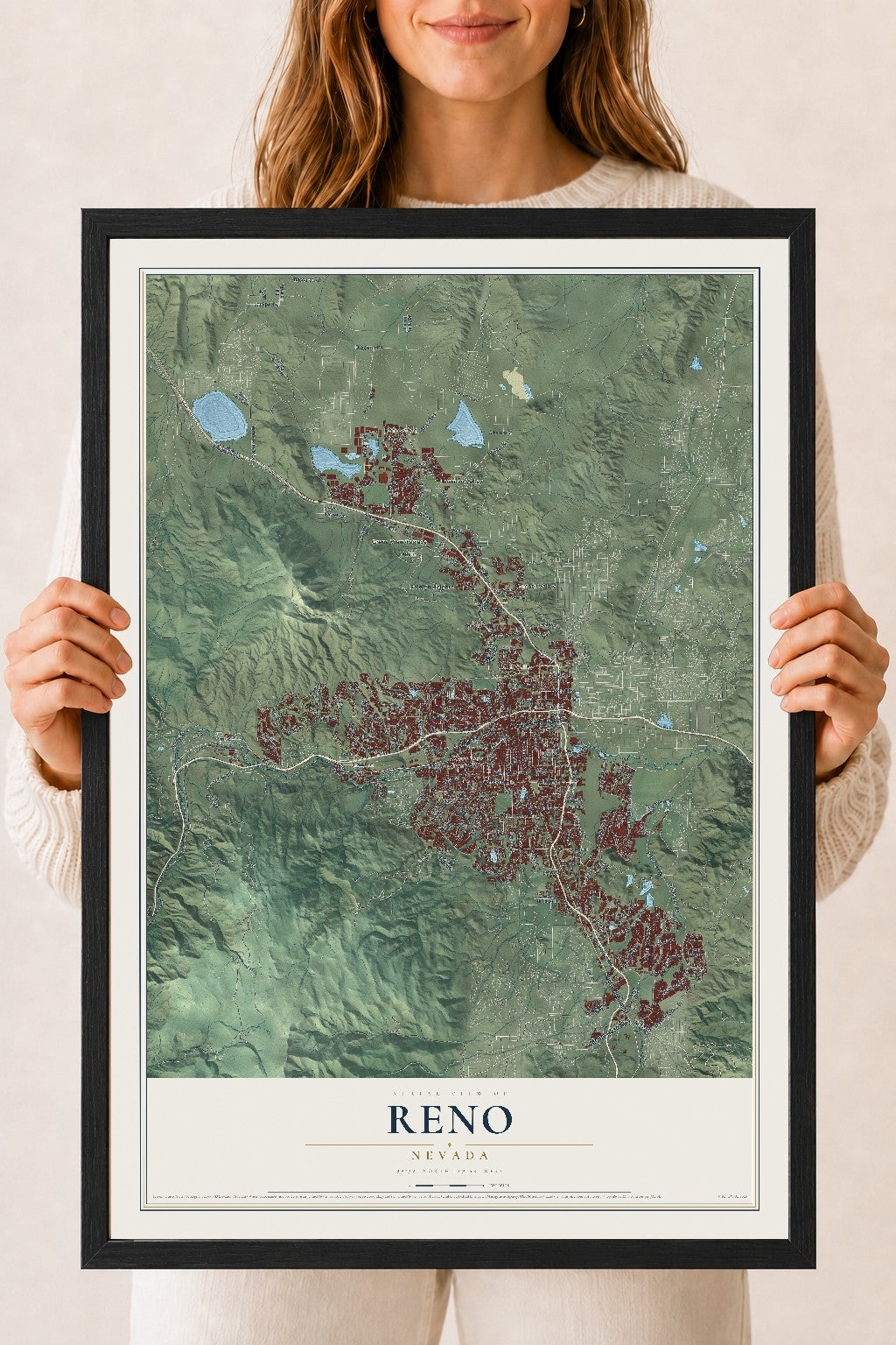 Map of Reno, Nevada, 18 x 24 inch print in a black wood frame