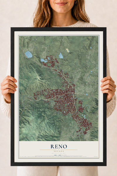 Map of Reno, Nevada, 18 x 24 inch print in a black wood frame