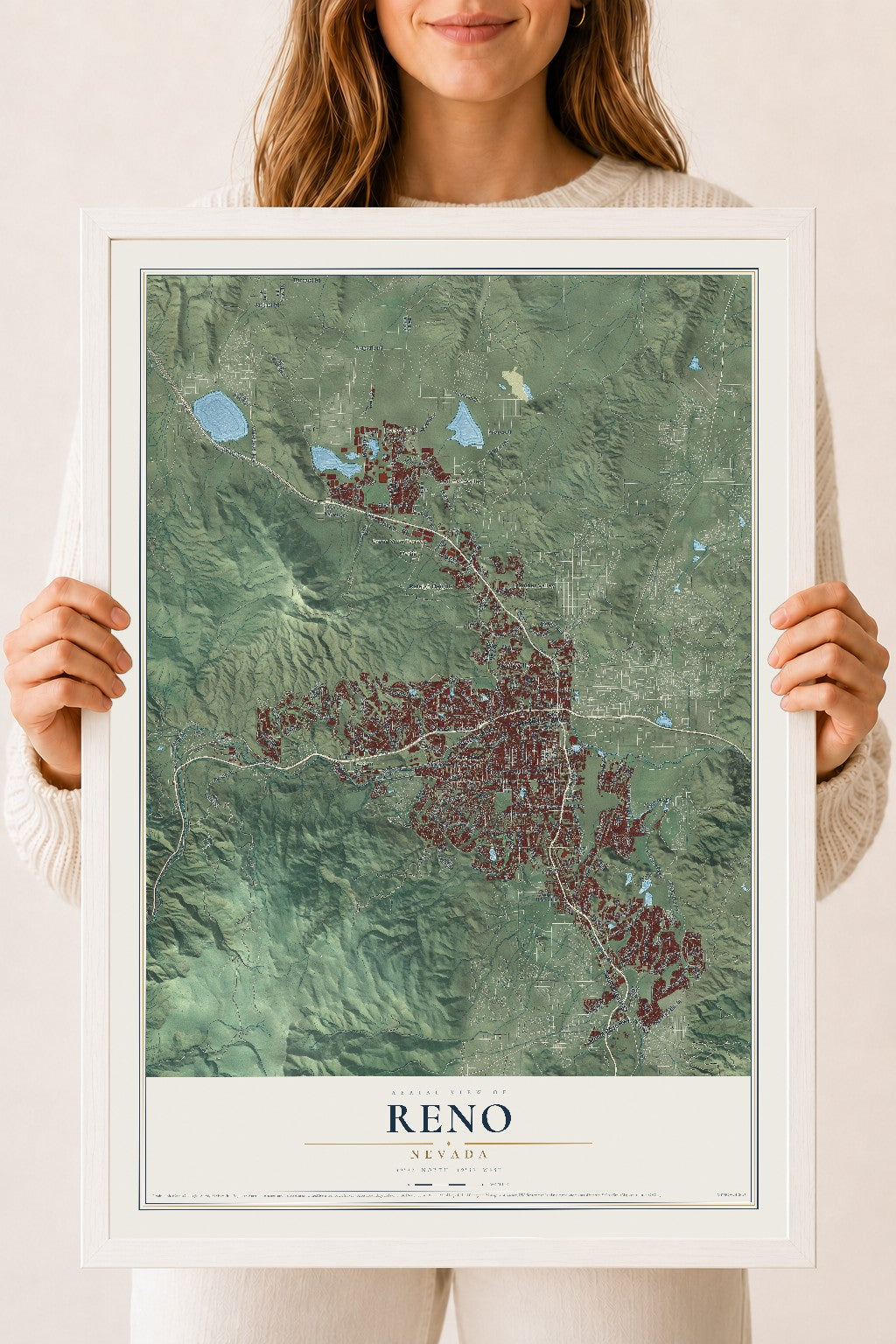 Map of Reno, Nevada, 18 x 24 inch print in a white wood frame