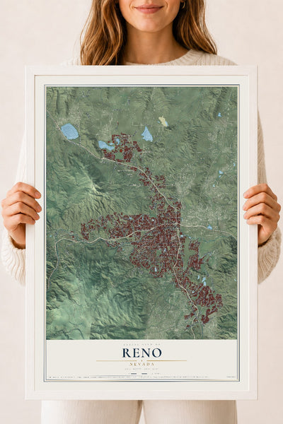 Map of Reno, Nevada, 18 x 24 inch print in a white wood frame