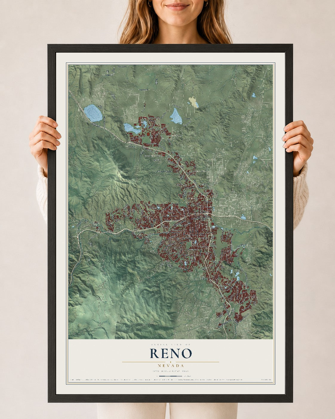 Map of Reno, Nevada, 24 x 36 inch print in a black wood frame