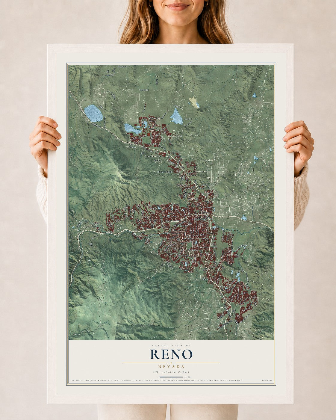 Map of Reno, Nevada, 24 x 36 inch print in a white wood frame