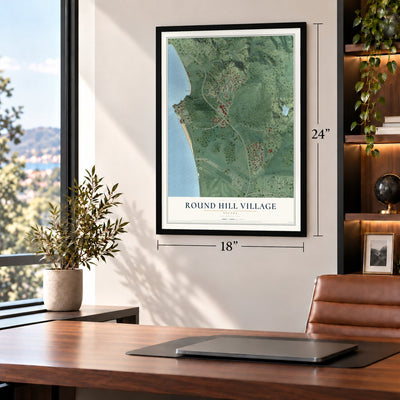 Round Hill Village, Nevada map, 18 x 24 inch print in a black frame in a home office