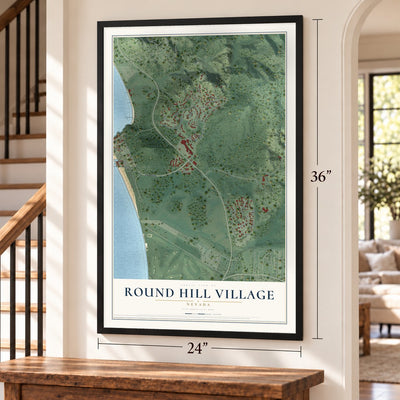 Round Hill Village, Nevada map, 24 x 36 inch print in a black frame by a staircase