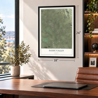 Sandy Valley, Nevada map, 18 x 24 inch print in a black frame in a home office