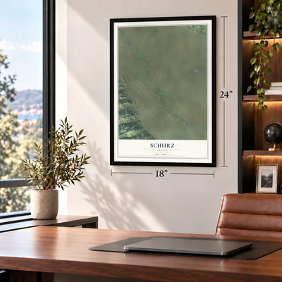 Schurz, Nevada map, 18 x 24 inch print in a black frame in a home office