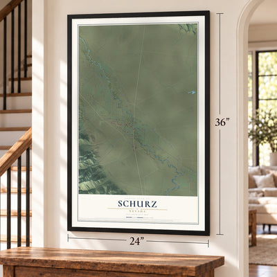 Schurz, Nevada map, 24 x 36 inch print in a black frame by a staircase