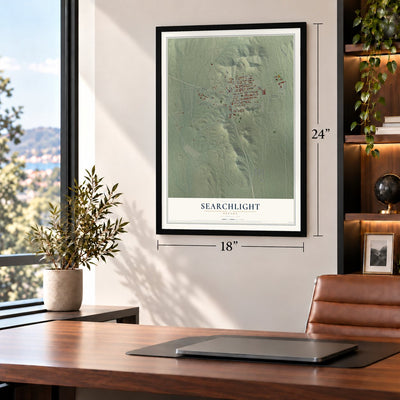 Searchlight, Nevada map, 18 x 24 inch print in a black frame in a home office