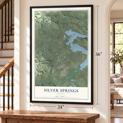 Silver Springs, Nevada map, 24 x 36 inch print in a black frame by a staircase