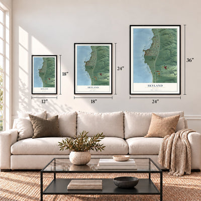 Skyland, Nevada map in 12 x 18, 18 x 24 and 24 x 36 inch sizes above a sofa