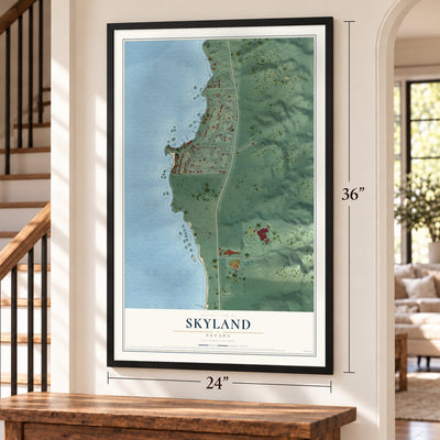 Skyland, Nevada map, 24 x 36 inch print in a black frame by a staircase