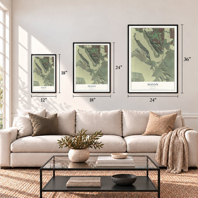 Sloan, Nevada map in 12 x 18, 18 x 24 and 24 x 36 inch sizes above a sofa