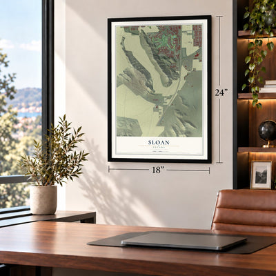 Sloan, Nevada map, 18 x 24 inch print in a black frame in a home office