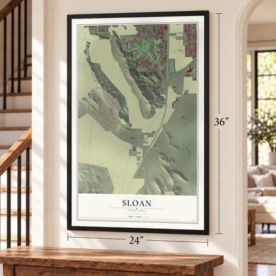 Sloan, Nevada map, 24 x 36 inch print in a black frame by a staircase