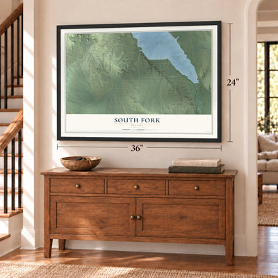 South Fork, Nevada map, 24 x 36 inch print in a black frame above a dresser by a staircase