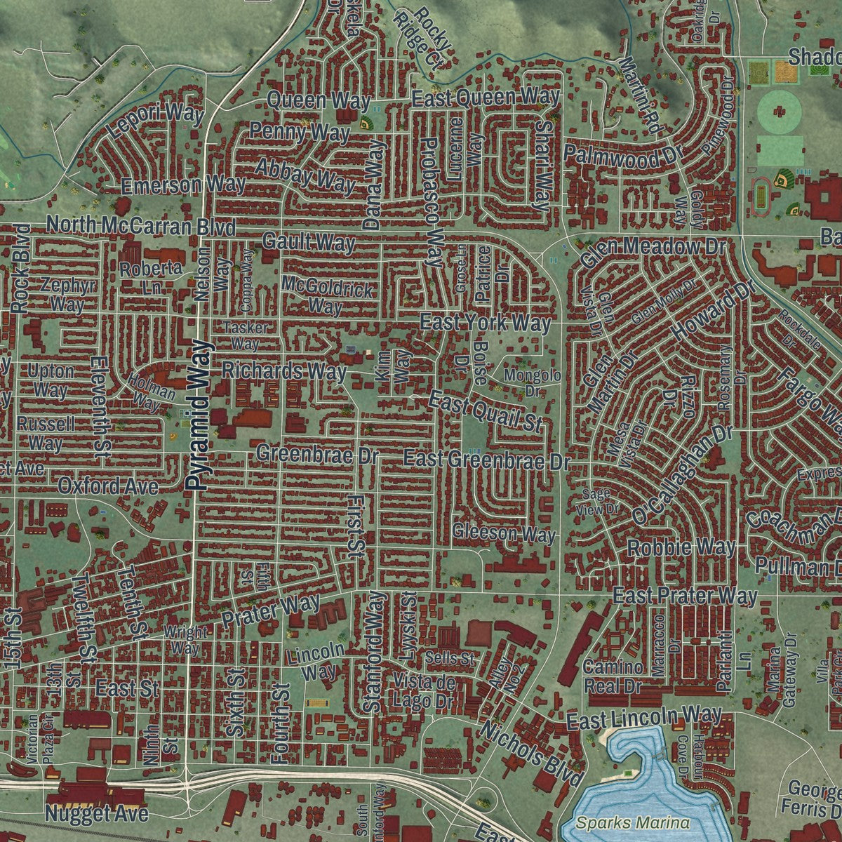 Close-up of the map of Sparks, Nevada print showing street and building detail