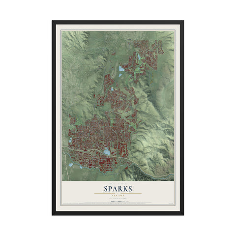 Map of Sparks, Nevada, 12 x 18 inch print in a black wood frame