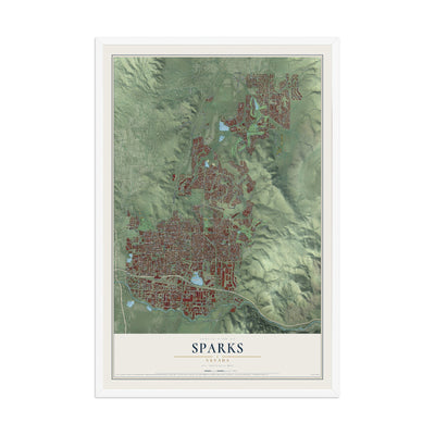 Map of Sparks, Nevada, 12 x 18 inch print in a white wood frame