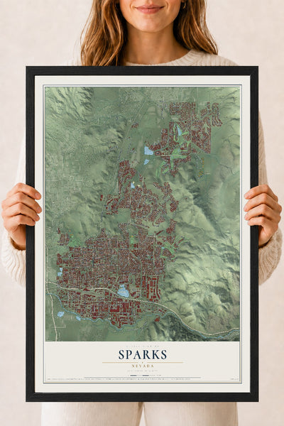 Map of Sparks, Nevada, 18 x 24 inch print in a black wood frame