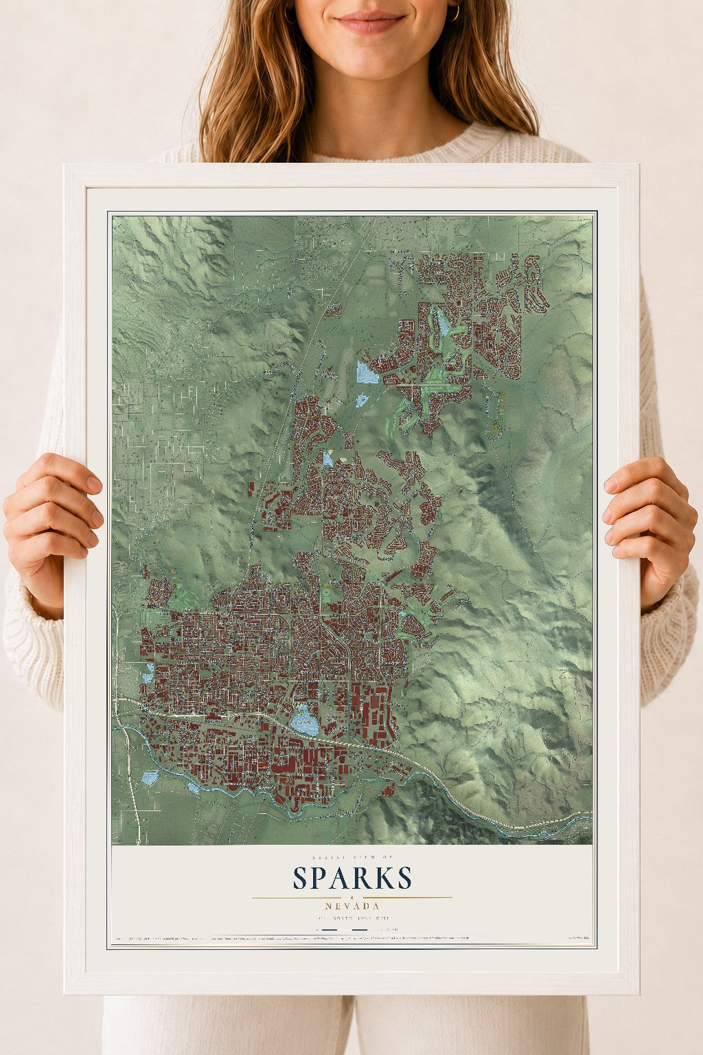 Map of Sparks, Nevada, 18 x 24 inch print in a white wood frame