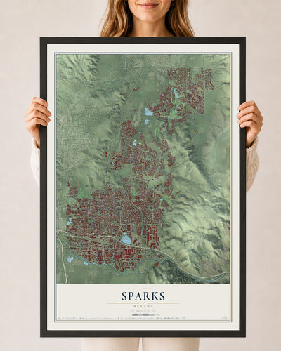 Map of Sparks, Nevada, 24 x 36 inch print in a black wood frame