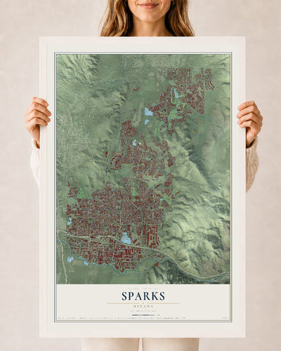 Map of Sparks, Nevada, 24 x 36 inch print in a white wood frame