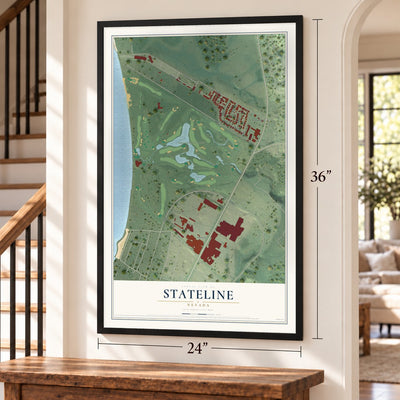 Stateline, Nevada map, 24 x 36 inch print in a black frame by a staircase