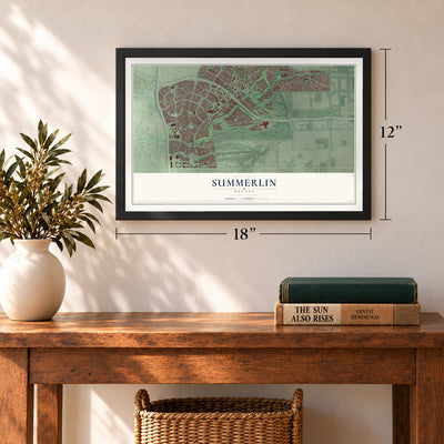 Summerlin, Nevada map, 12 x 18 inch print in a black frame in an entryway