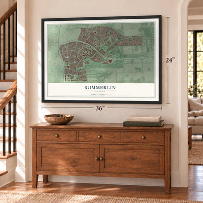 Summerlin, Nevada map, 24 x 36 inch print in a black frame above a dresser by a staircase