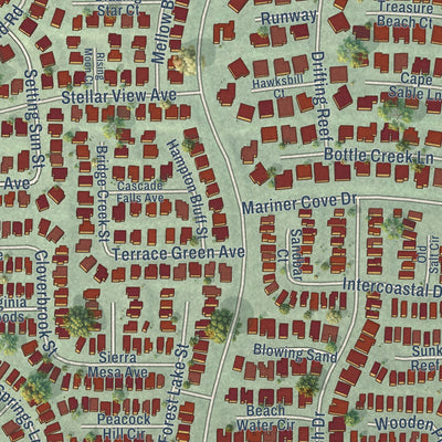 Close-up of the map of The Lakes, Nevada print showing street and building detail