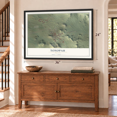 Tonopah, Nevada map, 24 x 36 inch print in a black frame above a dresser by a staircase