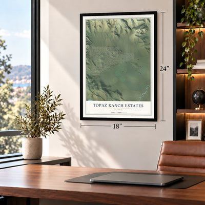 Topaz Ranch Estates, Nevada map, 18 x 24 inch print in a black frame in a home office