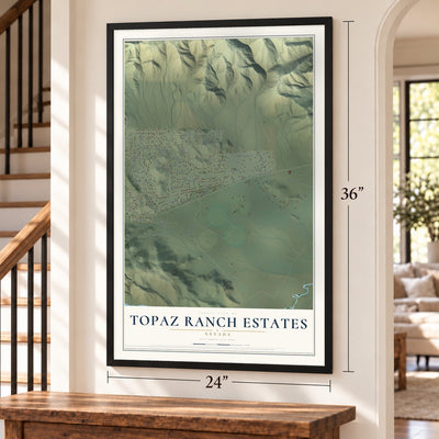 Topaz Ranch Estates, Nevada map, 24 x 36 inch print in a black frame by a staircase