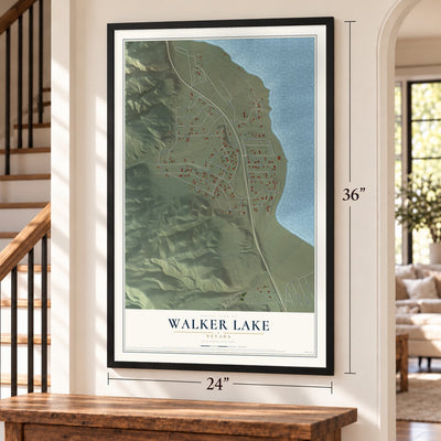 Walker Lake, Nevada map, 24 x 36 inch print in a black frame by a staircase