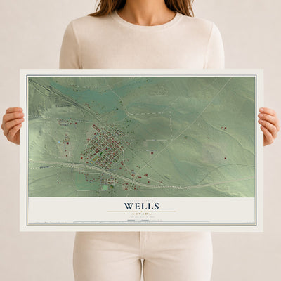 Map of Wells, Nevada, 12 x 18 inch unframed archival matte print